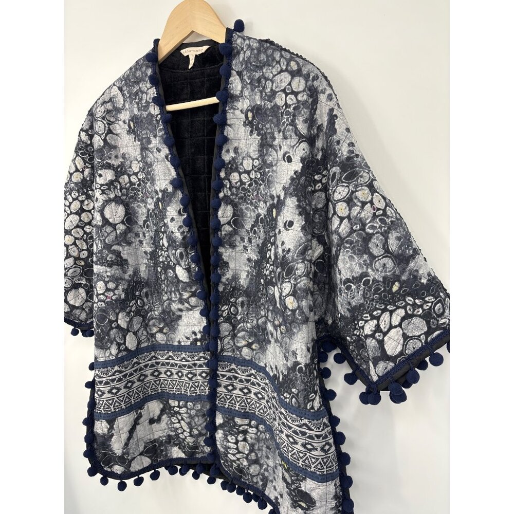 Soft Surroundings Jubilee Faux Fur Lined Quilted Pom Pom Fringe Jacket Blue L/XL - Picture 3 of 7